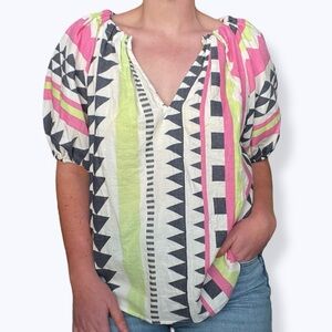 Velvet By Graham & Spencer Marie Neon Jacquard Puff-Sleeve Top